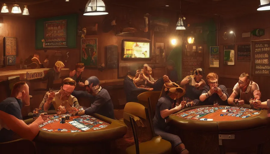 Prompt: poker night pub, very detailed, octane render, 4 k, trending on artstation