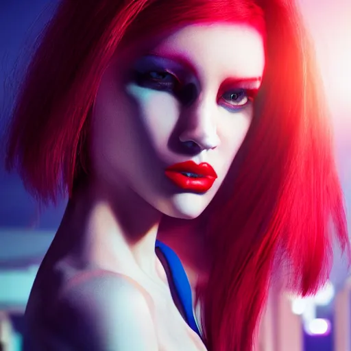 Image similar to Model-looking woman in color, cyberpunk era 2077, red hair, coral lips blue shadow, Edward Hopper style