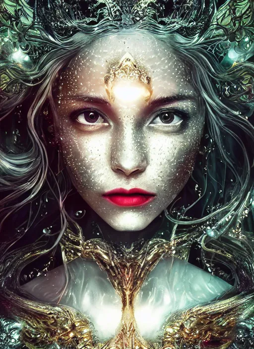 Prompt: glowing silver and golden elements, full close-up portrait, dark witch from freepik, book cover, green forest, white moon, red lips, establishing shot, extremly high detail, photo-realistic, cinematic lighting, pen and ink, intricate line drawings, by Yoshitaka Amano, Ruan Jia, Kentaro Miura, Artgerm, post processed, concept art, artstation, matte painting, style by eddie mendoza, raphael lacoste, alex ross