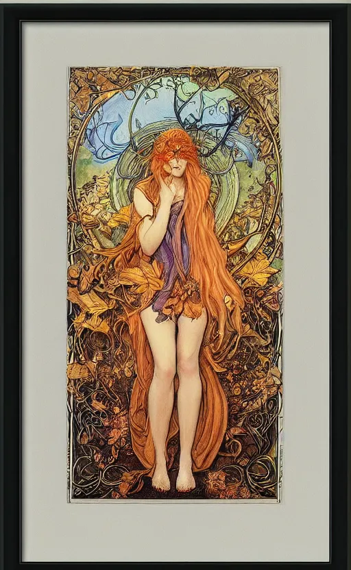 Prompt: art nouveau framed print by brian froud, goddess of autumn