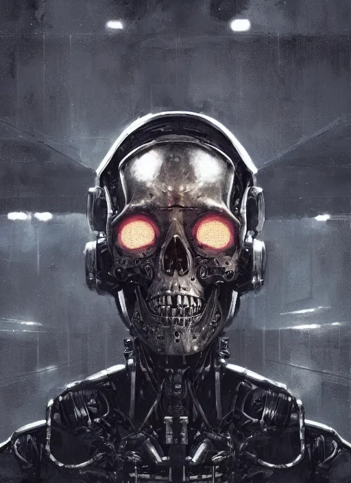 Prompt: metal skull half covered face with cybernetic enhancements as seen from a distance, scifi character portrait by greg rutkowski, esuthio, craig mullins, 1 / 4 headshot, cinematic lighting, dystopian scifi gear, gloomy, profile picture, mechanical, half robot, implants, solarpunk