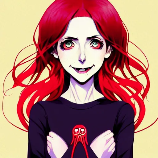 Image similar to beautiful anime vampire girl Alison Brie sharp teeth, red glowing hair, smiling, symmetrical face symmetrical eyes, blurry background, Jamie McKelvie comic art, Alexandra Fomina artstation, face by Ilya Kushinov style, style by Loish, Norman Rockwell, painterly style, flat illustration