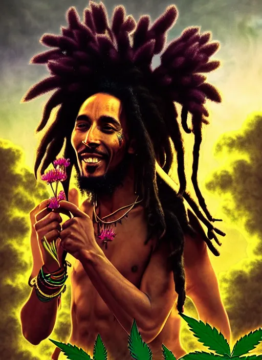 Image similar to portrait of bob marley joyous jamaican warrior with flowing dreadlocks, surrounded by cannabis flowers. afrogoth intricate digital matte painting concept art, warpaint aesthetic, colorful, psychedelic, beautifully backlit, subtle tones, sharp focus, cinematic aesthetic octane render, volumetric lighting, by edmund leighton, james jean, ross tran and artgerm