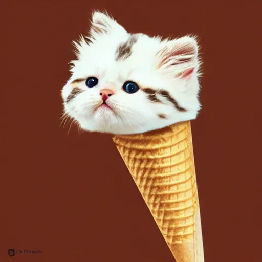 Image similar to cute kitten and puppy heads as ice cream scoops on cones, hyperrealistic, trending on artstation