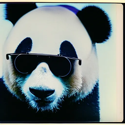 Image similar to gltch art, grainy head to shoulder portrait polaroid film photograph of a panda in a mall wearing aviator shades. super resolution. surreal. extremely detailed. polaroid 6 0 0 film. by annie leibovitz and richard avedon