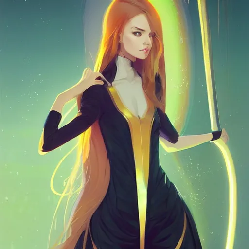 Prompt: portrait girl in futuristic luxurious golden dress holding a ceremonial sword, long curvy hair, colourful palette, pretty face, cute face, symmetrical face, intimidating expression, red eyes, anime by greg rutkowski rossdraws makoto shinkai, adobe illustrator, intricate details, trending on pixiv, behance