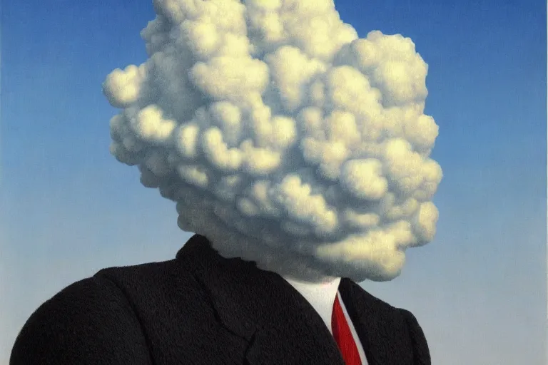 Prompt: portrait of cloud man by rene magritte, detailed painting, hd, hq, high resolution, high detail, 4 k, 8 k