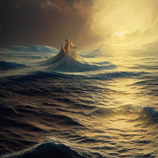 Image similar to Moses in the middle of the sea splitting it in two and crossing dry , Greg rutkowski, Trending artstation, cinematográfica, digital Art