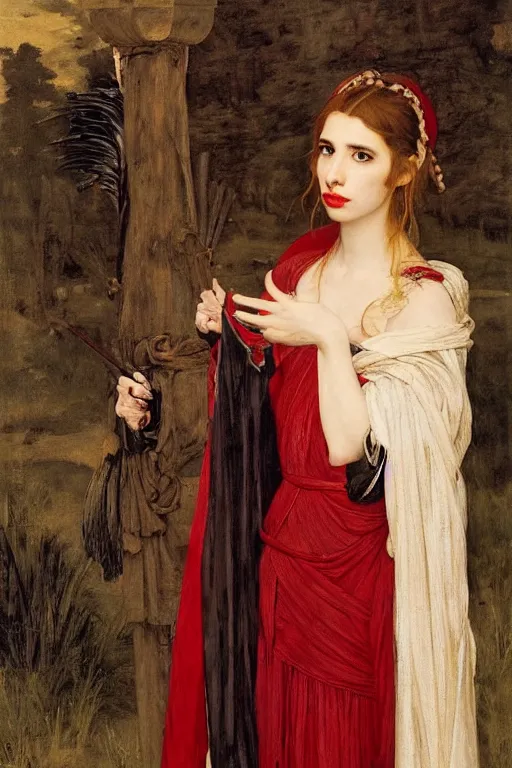 Image similar to emma roberts as a bandit queen, goddes of the vampires, red silk dress, bloodshot eyes by edgar maxence and caravaggio and michael whelan and delacroix