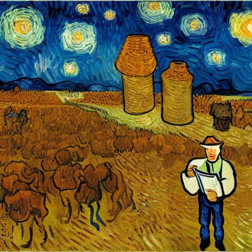 Prompt: van gogh - style paintings of milk roaders reading the milk road while drinking a glass of milk