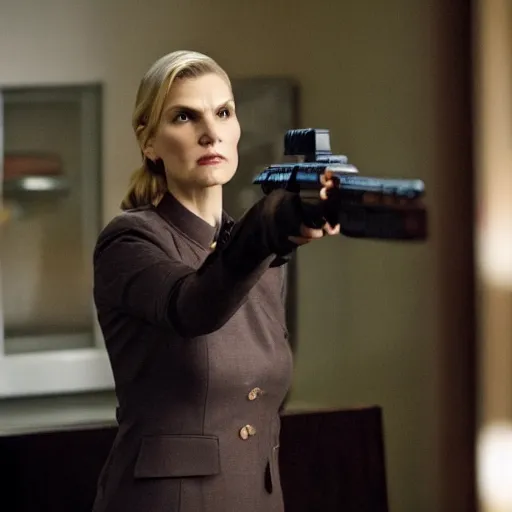 Prompt: kim wexler looking angry and is pointing a gun to the camera.