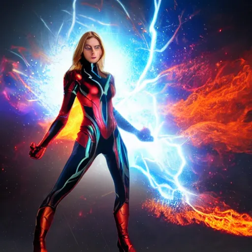 Prompt: vfx marvel woman wearing spandex armour with flowing fire hair and glowing eyes, super hero full body action pose casting a fireball, volumetric lightning, highly detailed, UE5 render, art station, center of picture.