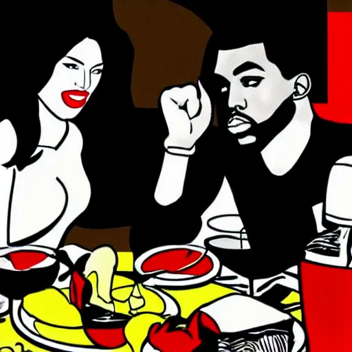 Prompt: julia fox and kanye west at dinner in the style of roy lichtenstein