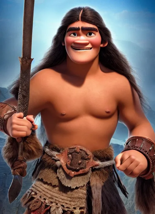 Prompt: portrait of teenage conan the barbarian, smiling arrogantly. large sword. animated feature. 3 d pixar and disney!! in the style of disney pixar, moana, brave, the good dinosaur.