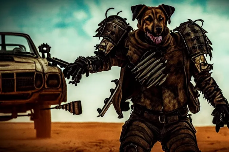 Image similar to a good ol'hound dog fursona ( from the furry fandom ), heavily armed and armored facing down armageddon in a dark and gritty version from the makers of mad max : fury road. witness me.