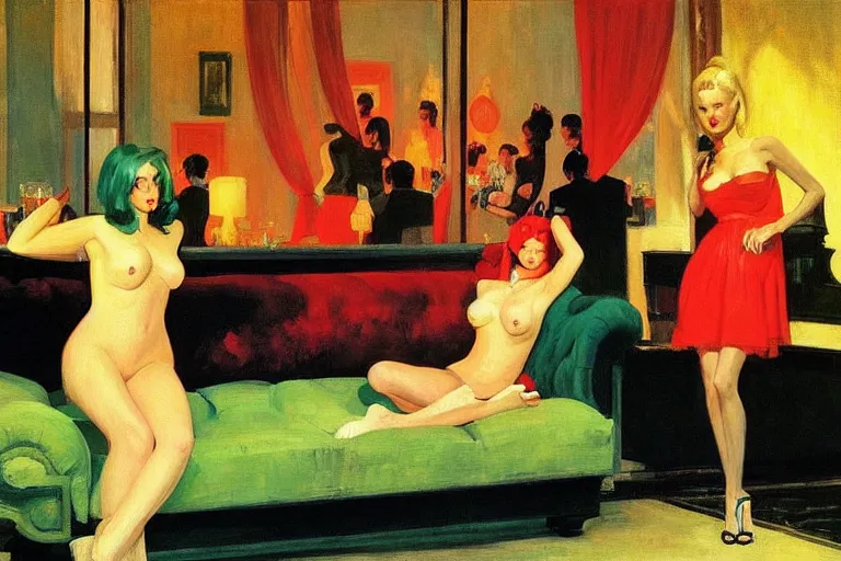 Image similar to party at the playboy mansion, painting by edward hopper and eric fischl and robert mcginnis