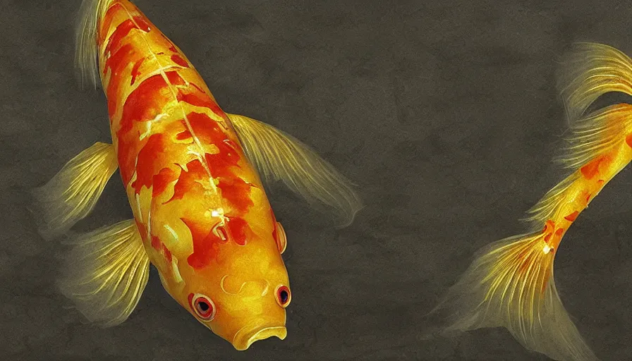 Image similar to a desolate golden glowing koi! swims in magical water with caustics and volumetric lighting, photorealistic painting