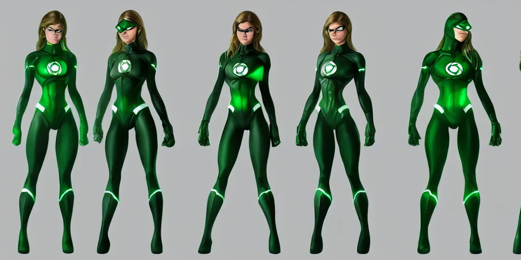 Image similar to full body exaggerated outfit, female green lantern character clean concepts by senior concept artist in the anime film, suit, powers, glowing, stronge, smooth, high detail, featured on artstation