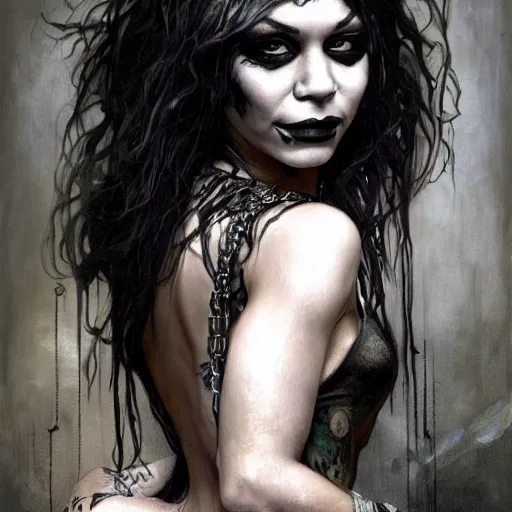 Image similar to beautiful portrait of vanessa hudgens as death from sandman, smiling, by cedric peyravernay, alphonse mucha, by jeremy mann, by lecouffe deharme, goth chic, soft lightning, eyeliner, punk rock, high detailed, 8 k