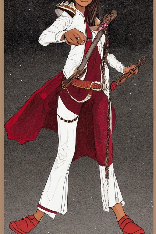 Prompt: young-looking dark-skinned female mage with brown bob-cut hair, wearing white shirt and necklace with grey short-sleeved jacket with red trim, belt, black pants and boots with red lacing, and carrying a wooden staff with floating red crystals. illustrated by Viorie