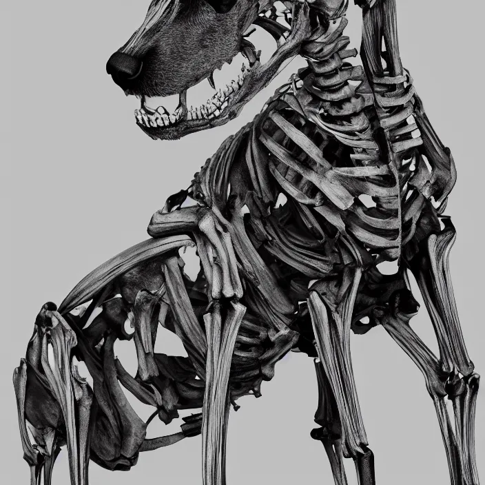 Image similar to belgian malinois, skeleton. intricate artwork. by Tooth Wu, wlop, beeple, dan mumford. octane render, trending on artstation, greg rutkowski, very coherent symmetrical artwork. cinematic, hyper realism, high detail, octane render, 8k, iridescent accents, deep blacks