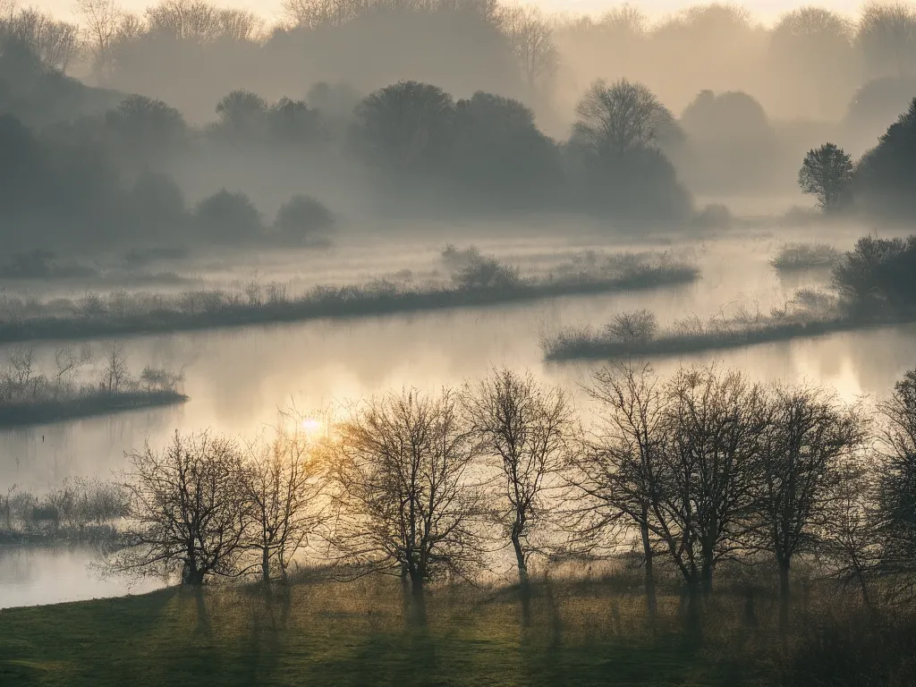 Image similar to A landscape photo taken by Kai Hornung of a river at dawn, misty, early morning sunlight, cold, chilly, two swans swim by, rural, English countryside