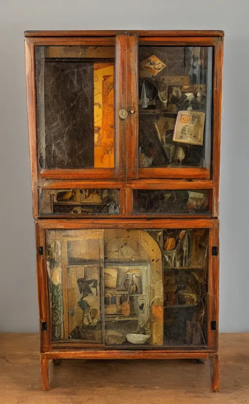 Prompt: wooden vintage cabinet of curiosities, matte painting, oil on canvas