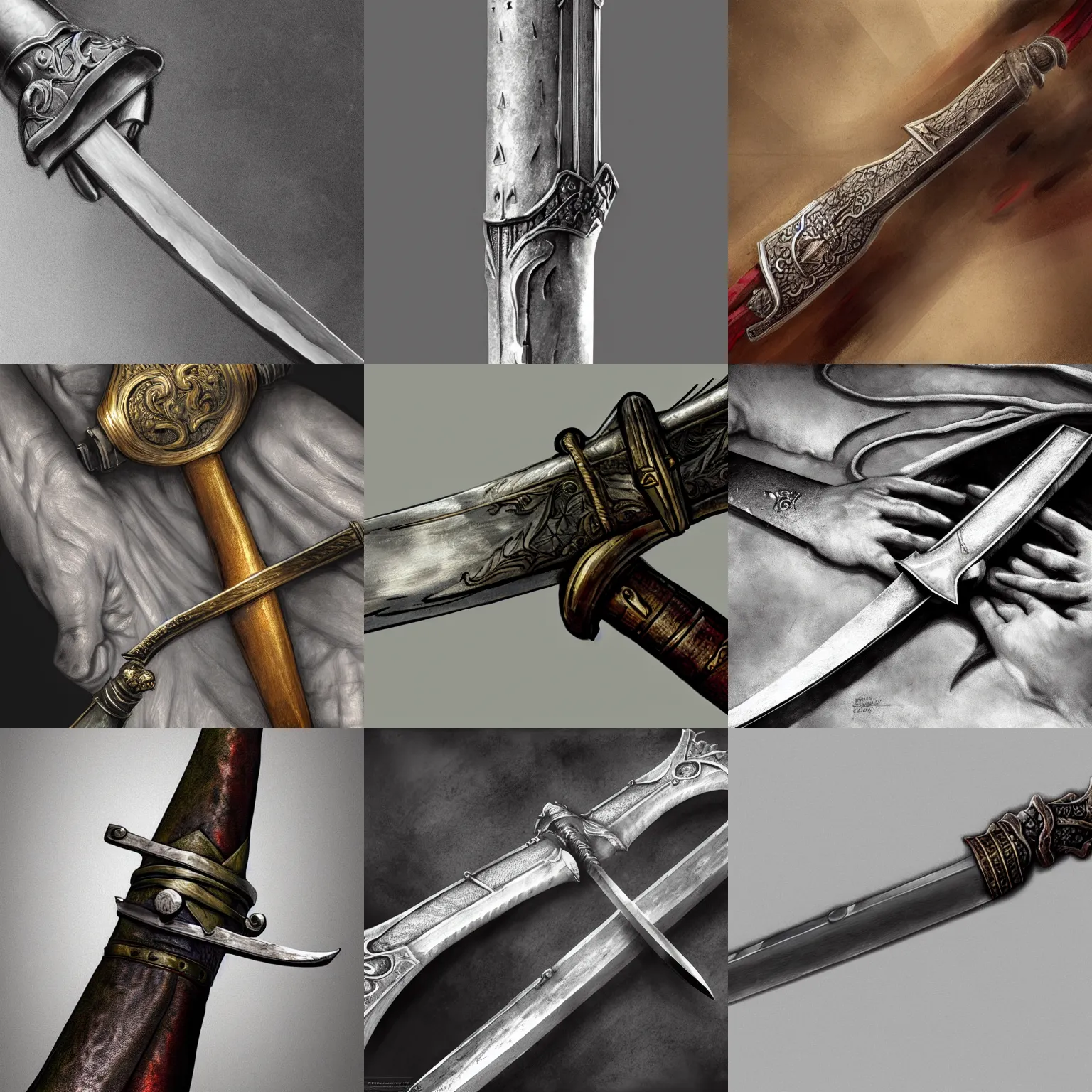 Prompt: hand holding medieval sword, highly detailed, artstation, concept art, sharp focus, jurgens, grelin
