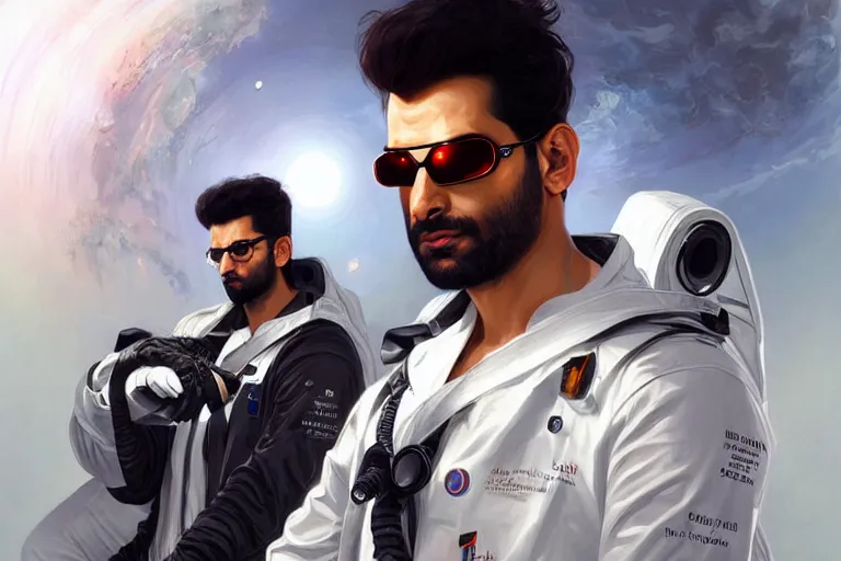 Image similar to Sensual good looking pale young Indian doctors wearing Deus Ex Mankind Divided clothing in a space station above Earth, portrait, elegant, intricate, digital painting, artstation, concept art, smooth, sharp focus, illustration, art by artgerm and greg rutkowski and alphonse mucha