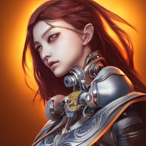 Image similar to studio portrait of lawful good colorful female holy mecha paladin absurdly beautiful, elegant, young sensual graceful woman, ultrafine hyperrealistic detailed face illustration by kim jung gi, irakli nadar, intricate linework, sharp focus, bright colors, matte, octopath traveler, final fantasy, unreal engine highly rendered, global illumination, radiant light, intricate environment