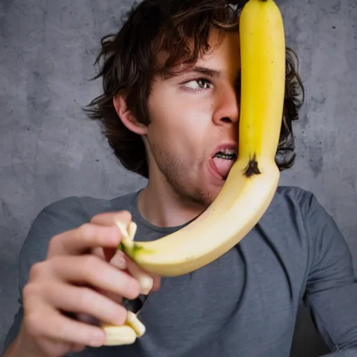 Image similar to A young man eating a banana in a white bowl for breakfast 4k photo realistic