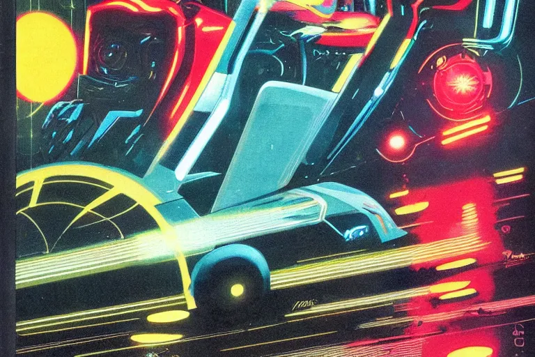 Image similar to 1979 OMNI Magazine Cover of a set of Tron Light Cycles on the Grid. in cyberpunk style by Vincent Di Fate