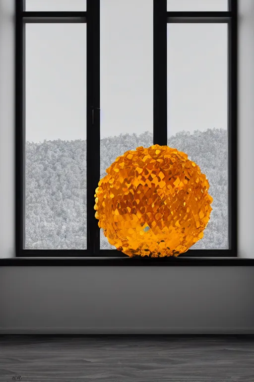 Image similar to a giant cubic orange and yellow crystal on a white table near a window at sunset, hyperrealistic, highly detailed, high qualit, 8K, godrays, warm lighting, path traced, high coherence, calm, macro photo, symmetrical, photorealistic, low contrast, serene landscape, beautiful, geometric, octane render