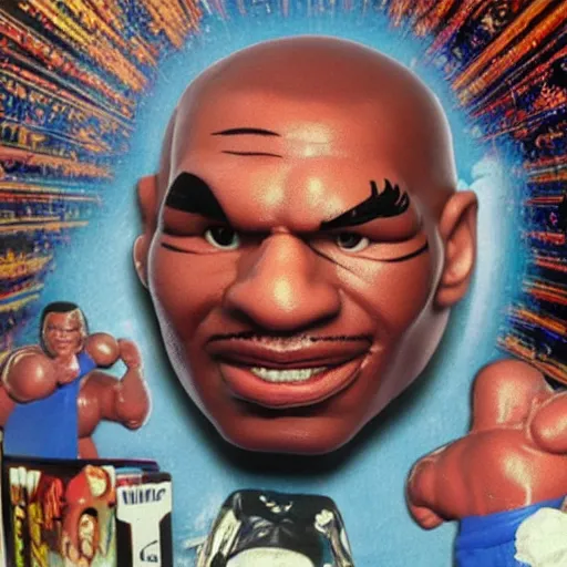 Image similar to mike tyson action figure on acid, detailed facial expressions, 1 9 8 0 s aesthetic