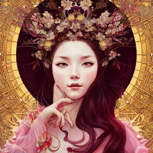 Image similar to a photograpic portrait of a anthropomorphic cherry - blossom queen spirit, fantasy, intricate, elegant, highly detailed, digital painting, artstation, concept art, smooth, sharp focus, illustration, art by artgerm and h r giger and alphonse mucha