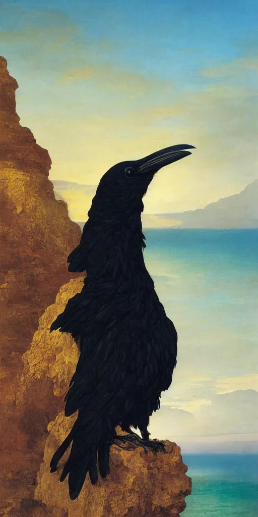 Prompt: a breathtakingly stunningly beautifully highly detailed close up portrait of a raven under a rock arch, epic coves crashing waves plants, beautiful clear harmonious composition, wonderful strikingly beautiful serene sunset, detailed organic textures, by frederic leighton and rosetti and turner and eugene von guerard, 4 k