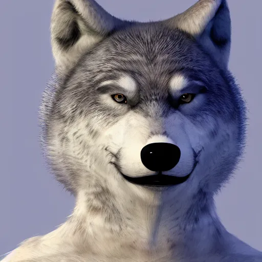 Prompt: 3 d render, well toned, large tall, female anthropomorphic wolf, blue fur with white spots, thick fur covering her chest.