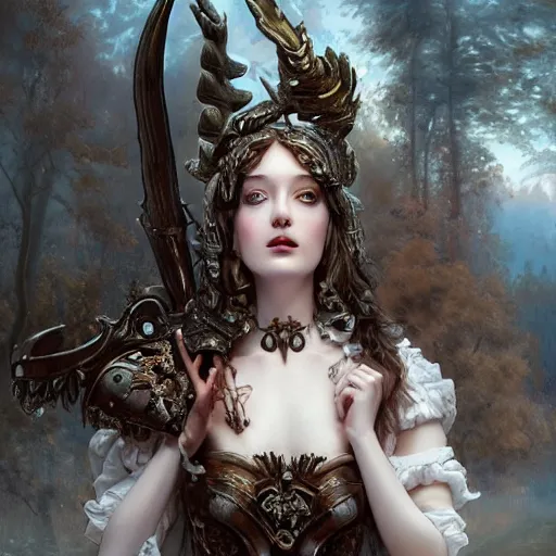 Image similar to A masterpiece ultrarealistic ultradetailed portrait of a Incredibly beautiful angel princess with Royal Tevton Knight Skull Full Iron Closed Helmet with Big Iron Bull Horns . baroque renaissance girl in the night forest. medium shot, intricate, elegant, highly detailed. trending on artstation, digital art, by Stanley Artgerm Lau, WLOP, Rossdraws, James Jean, Andrei Riabovitchev, Marc Simonetti, Yoshitaka Amano. background by James Jean and Gustav Klimt, light by Julie Bell, 4k, porcelain skin.