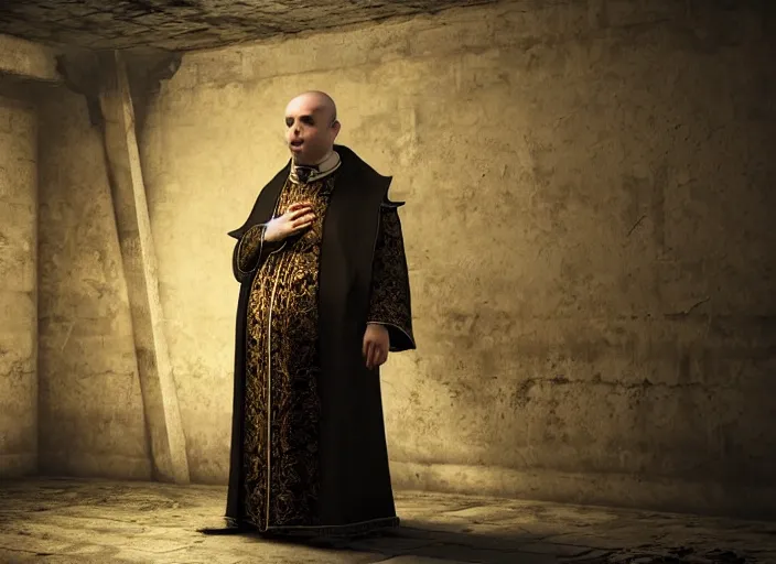 Image similar to a highly realistic and detailed full Priest standing in a dark dirty basement holding a rosary, wide angle 70mm lens, volumetric haze, front facing camera, symmetrical, photorealistic, insanely detailed and intricate, epic, hyper realistic, elegant, ornate, elite, horror, creepy, ominous, haunting, cinematic lighting, unreal engine, cinematic centered camera, high detail, no blur, unreal engine 8k