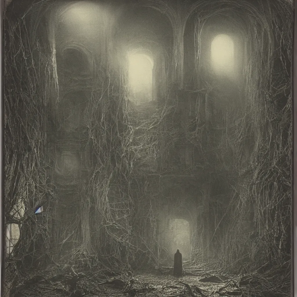 Prompt: old polaroid of a cloaked figure standing in the middle of an enormous and decaying maze, beautiful natural backlit, piranesi