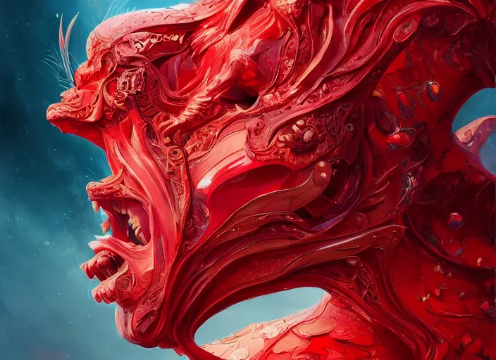 Image similar to woman loves sitting upon a scarlet coloured beast, pain, light effect, hyper detailed, intricate, elegant, highly detailed, digital painting, artstation, concept art, matte, sharp focus, illustration, by james jean, andrei riabovitchev, marc simonetti, yoshitaka amano