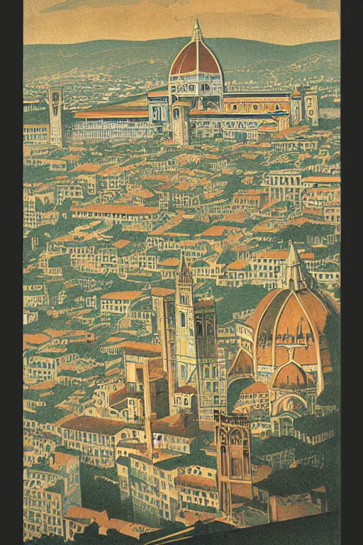 Image similar to resplendent, gilded art deco print of Florence, Italy by Hasui Kawase and Lyonel Feininger