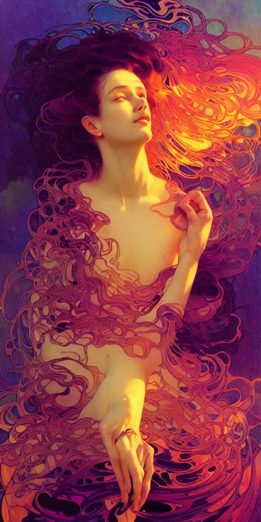 Image similar to transcendent mind bending indigo waves of glossy psychedelic liquid honey flowing like kaleidoscopic translucent amber, lsd waves, honey ripples, enlightenment, dramatic professional lighting, refracted sunset lighting, art by collier, albert aublet, krenz cushart, artem demura, alphonse mucha