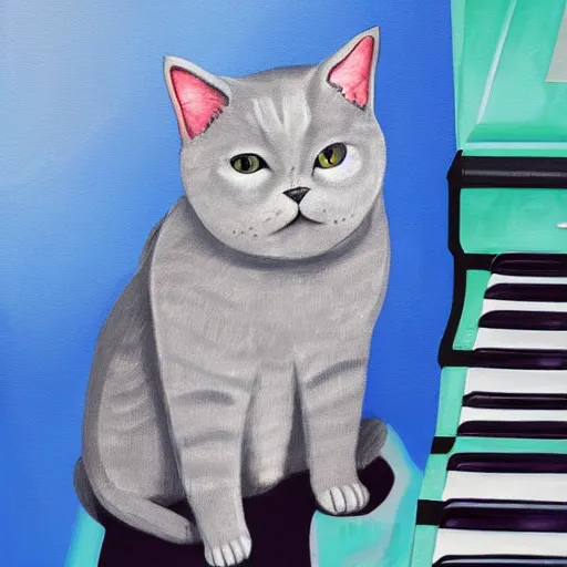 Prompt: portrait of a grey british shorthair cat sitting on piano keys with musical notes in the background detailed colorful luminescent oil painting in the style of claudia sanchez 4 k