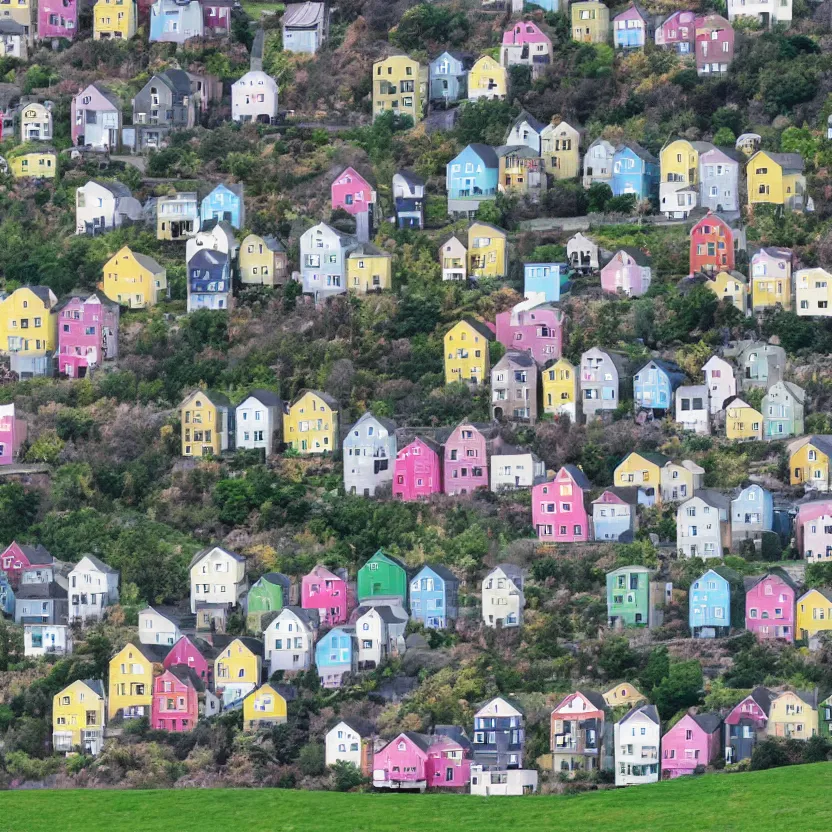 Image similar to little boxes on the hillside little boxes made of ticky tacky little boxes on the hillside little boxes all the same there's a pink one and a green one and a blue one and a yellow one