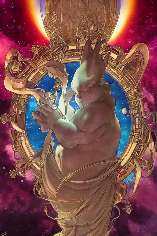 Image similar to celestial big chungus, by artgerm and yoshitaka amano and moebius and alphonse mucha, hyperdetailed, dc comics, ornate, nebula, explosions in the sky, trending on artstation