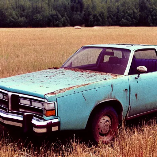 Prompt: A photograph of a heavily rusty, heavily worn out, heavily broken down, beater 1976 Powder Blue Dodge Aspen in a farm field, photo taken in 1989