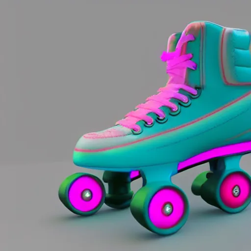 Image similar to white retro! roller skates with cyan wheels on a pedstal, octane render, 3 d model, pink lightning, neon!! light, blender