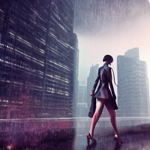 Prompt: city of the future, many skyscrapers, blade runner style, hyper - realistic, octane render, realistic, real, street, rain, beautiful girl with umbrella wearing
