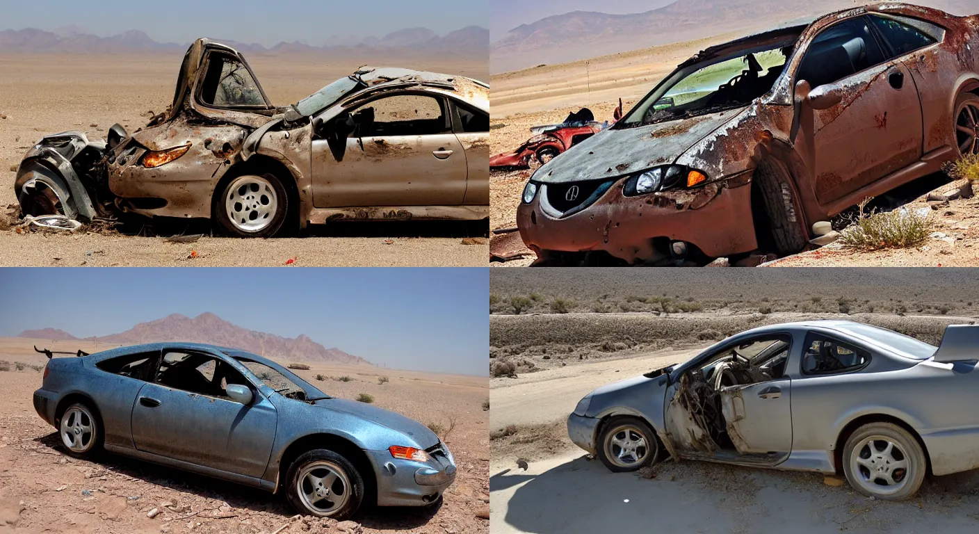 Prompt: a wrecked 2 0 0 2 acura rsx, abandoned in a desert, dusty, damaged, some rust